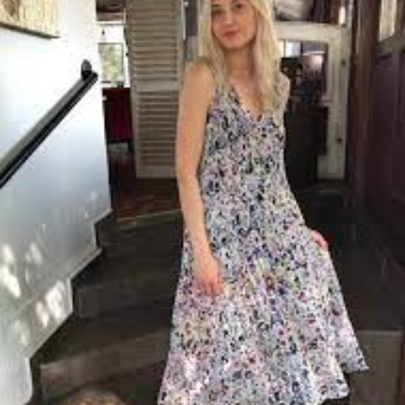 Ganni Pleated Georgette F3403 Multicolor Egret Floral Sleeveless V-neck Dress - Picture 7 of 12